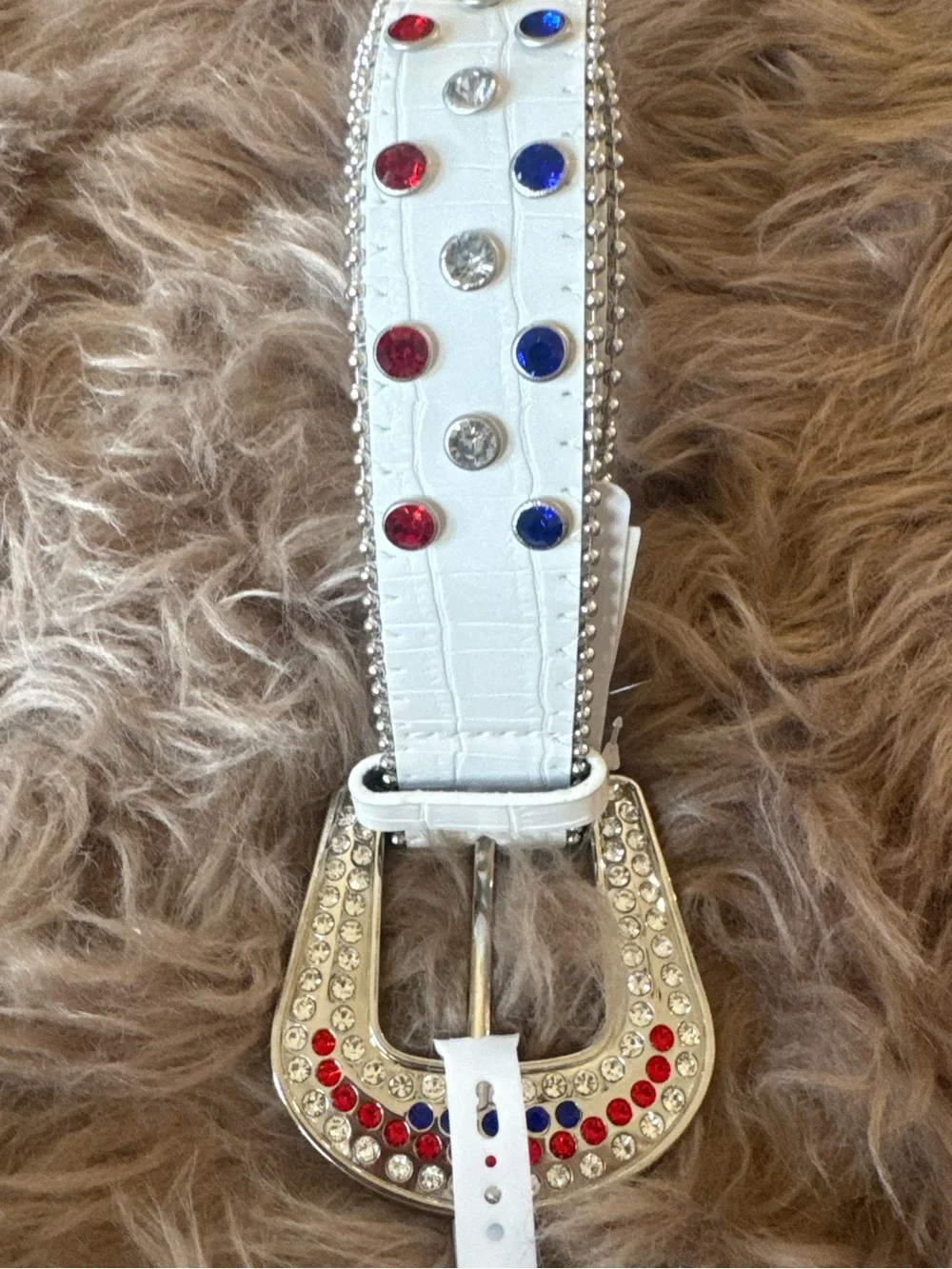 Patriotic belt rhinestones red white blue American flag beautiful chunky buckle